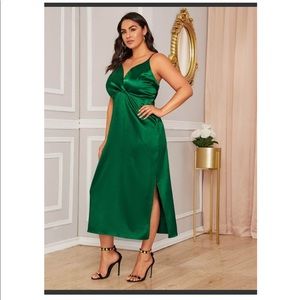 Emerald Green Silky Midi Dress with thigh slit